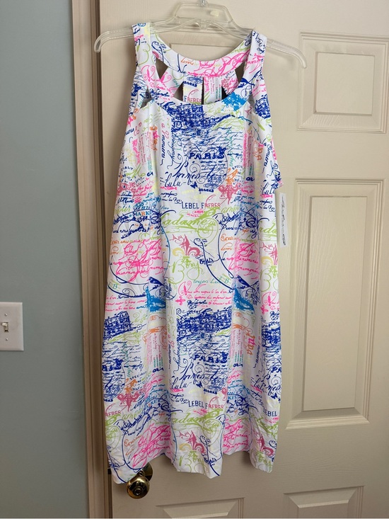 Lulu-B Dresses & Skirts - Lulu-B White Dress with Blue, Pink & Green Script Print